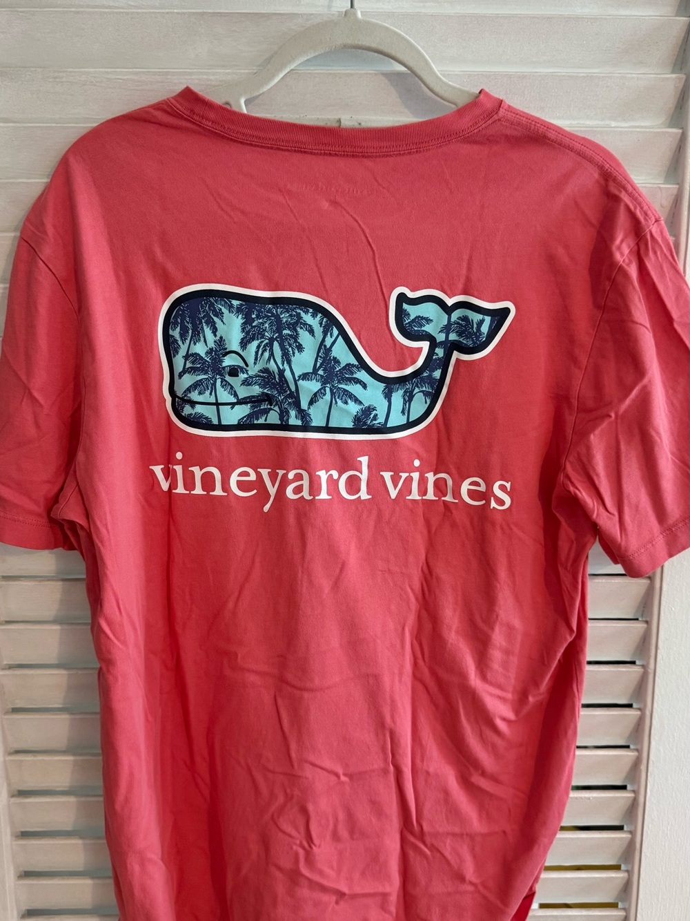 Vineyard Vines Coral Red Whale Tee with Blue Palm Graphic